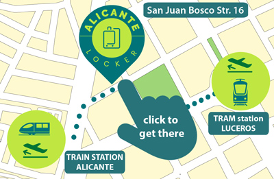 Location of luggage storage Alicante Locker between Luceros Sqr. TRAM station and Alicante train AVE Renfe station