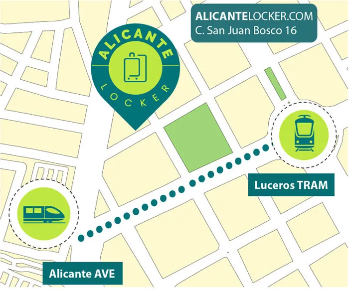 Plano con indicaciones para llegar a Benidorm desde la estación de tren de Alicante AVE tomando el TRAM en la estación de los Luceros