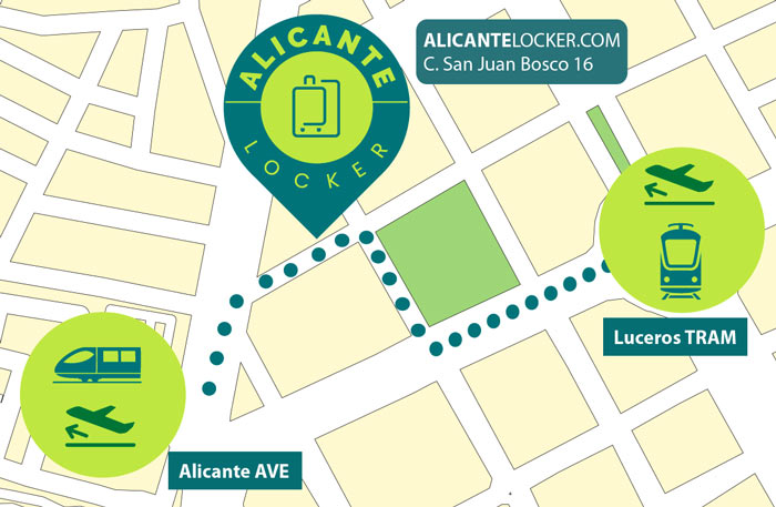 Location of luggage storage Alicante Locker between the Alicante AVE train station and suburban Luceros TRAM station